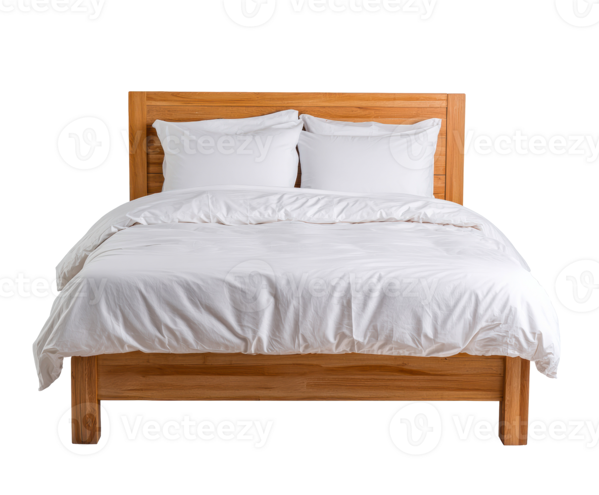 Cozy bedroom setup with soft linens and wooden bed frame png