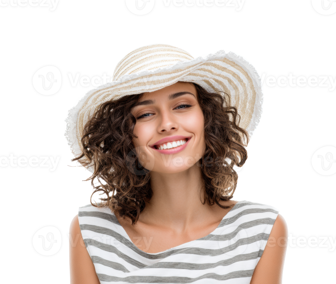 Smile and sunshine with a stylish summer hat on a cheerful woman png
