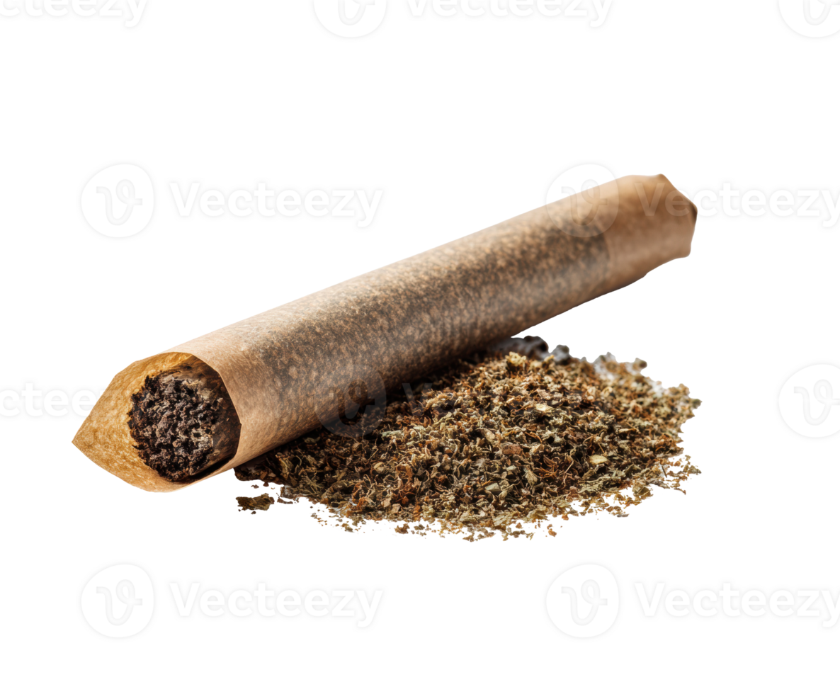 Natural rolled cigarette with loose tobacco on wooden surface png