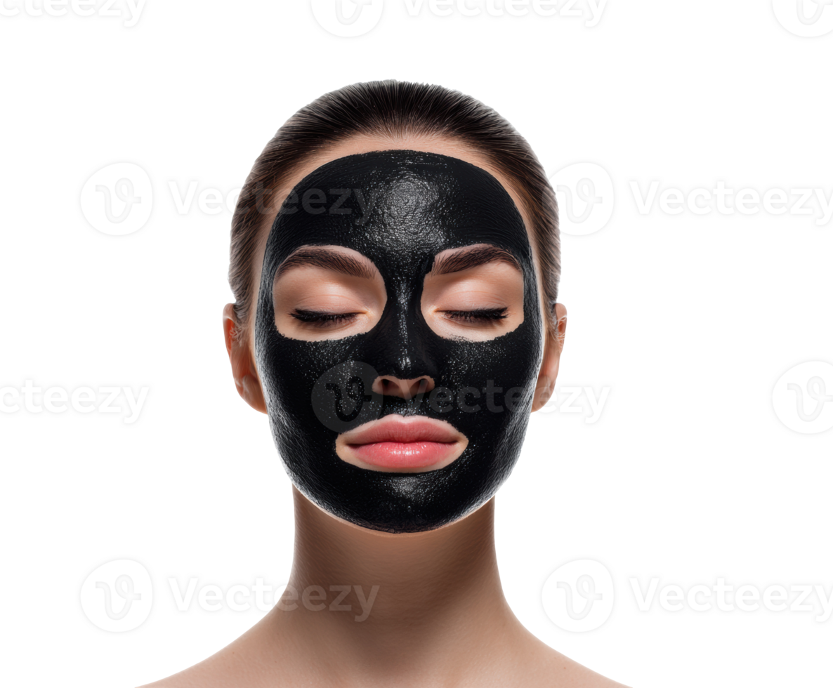 Skincare routine featuring a woman with a black facial mask png