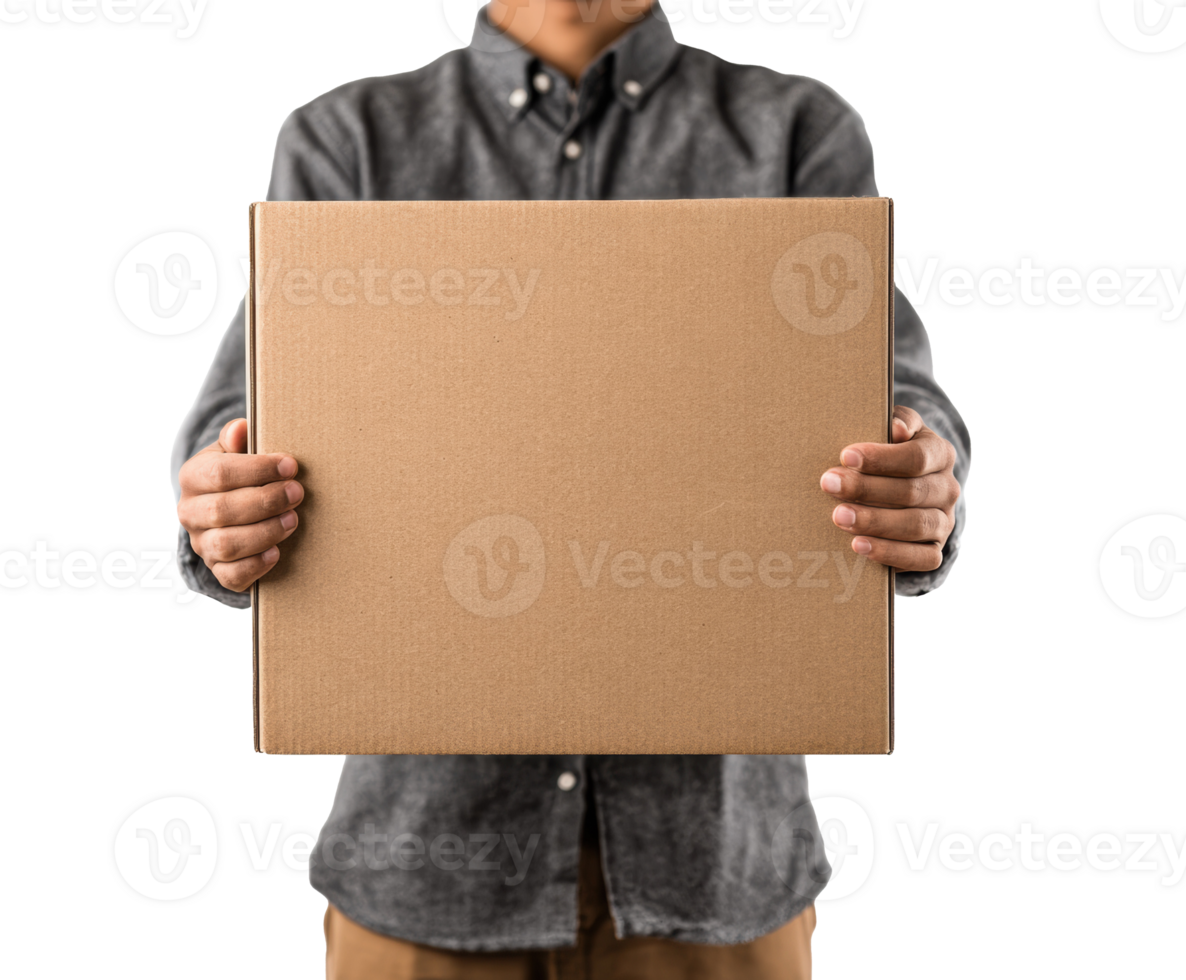 Delivery person holds cardboard box for shipping service png