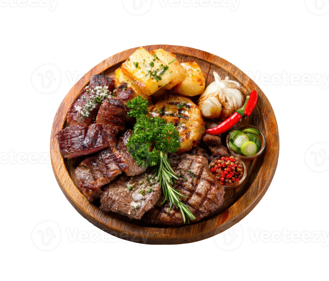 Grilled meat platter with veggies and spices png