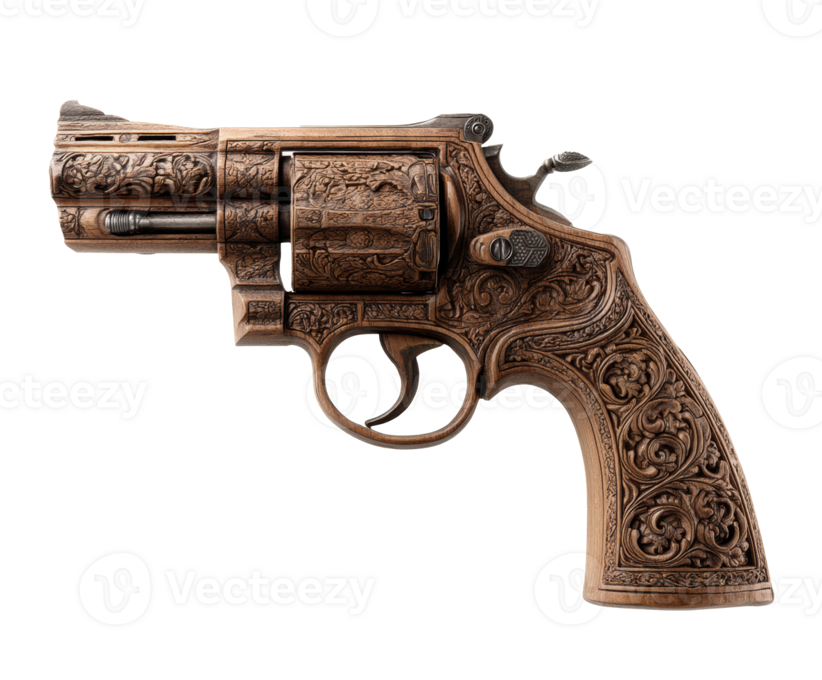 Intricately carved wooden revolver with ornate designs for display png