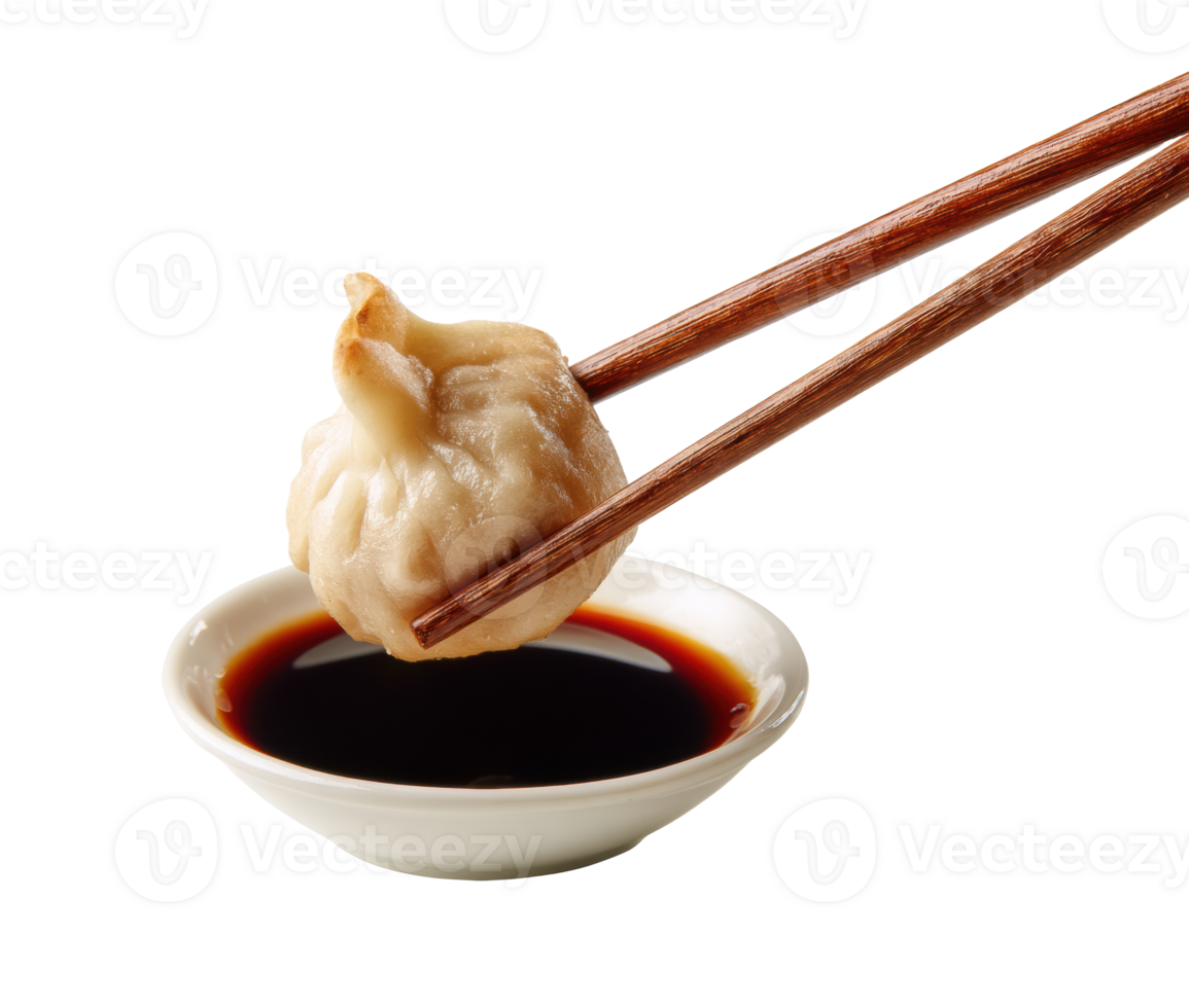 Delicious dumpling with soy sauce dipping served on a plate png