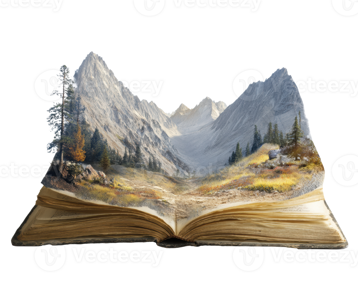 Mountain landscape emerging from an open book with trees png