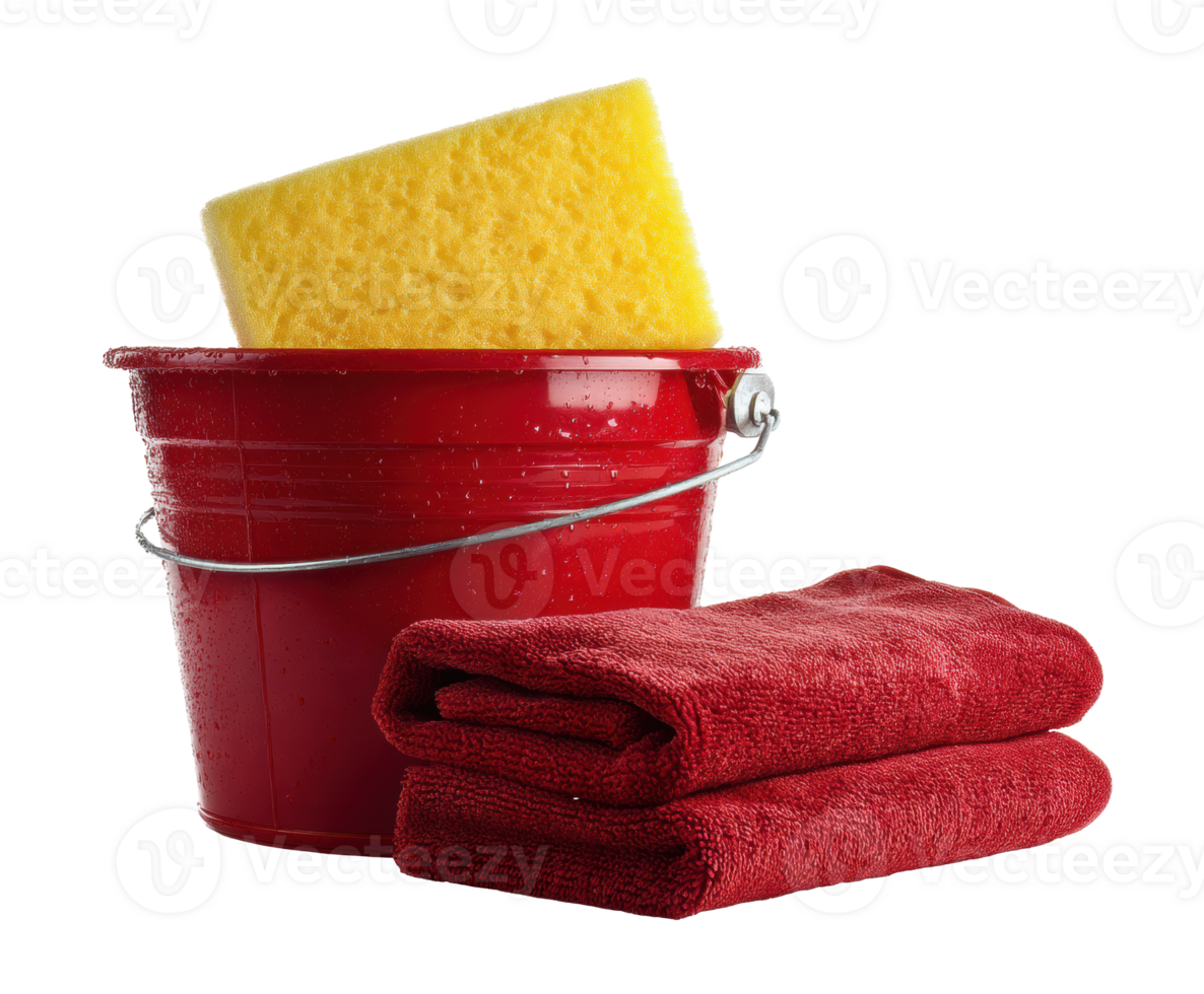 Cleaning supplies with red bucket and towels ready for use png