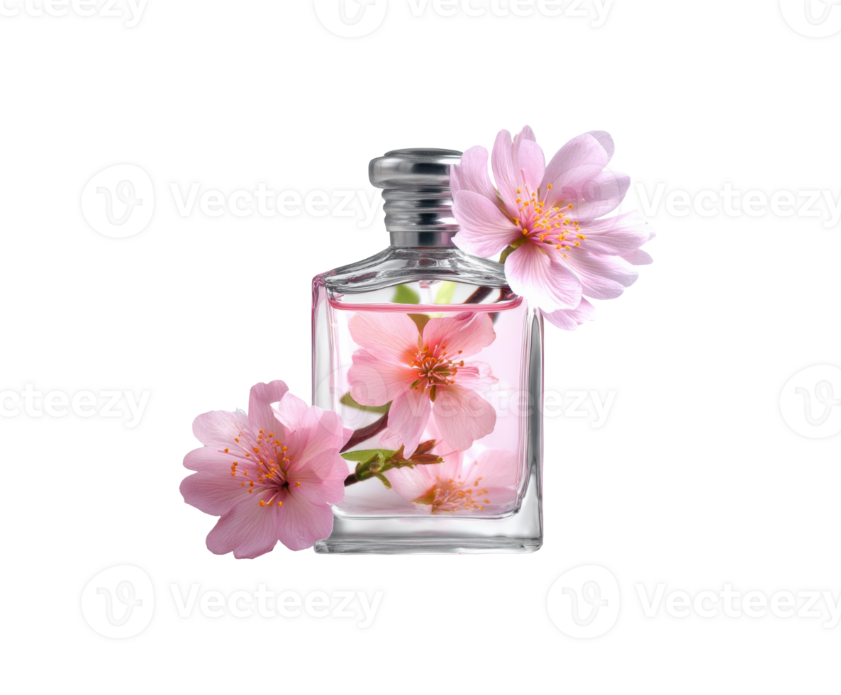 Cherry blossom essence in a glass bottle for aromatherapy png