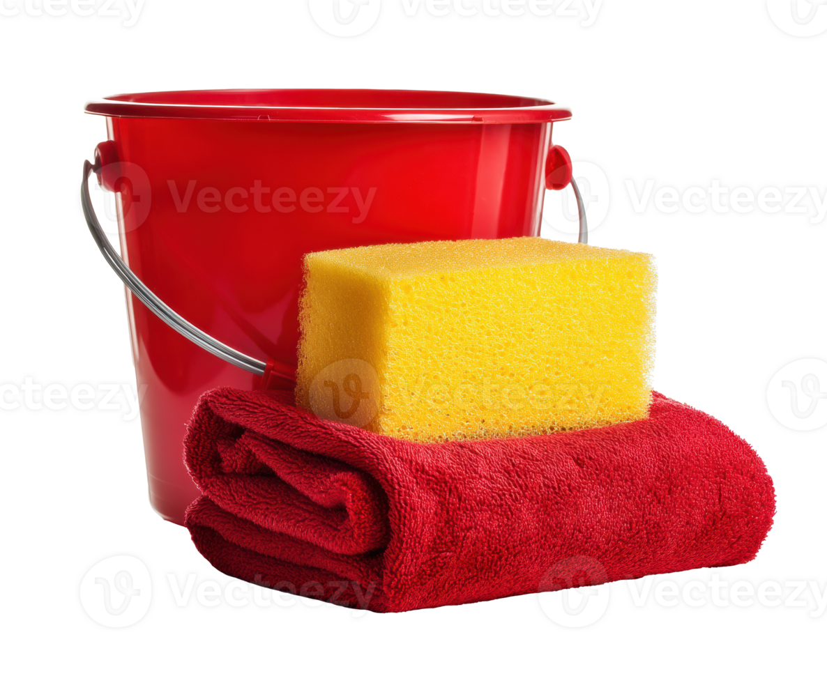 Cleaning supplies for home maintenance with red bucket and sponge png