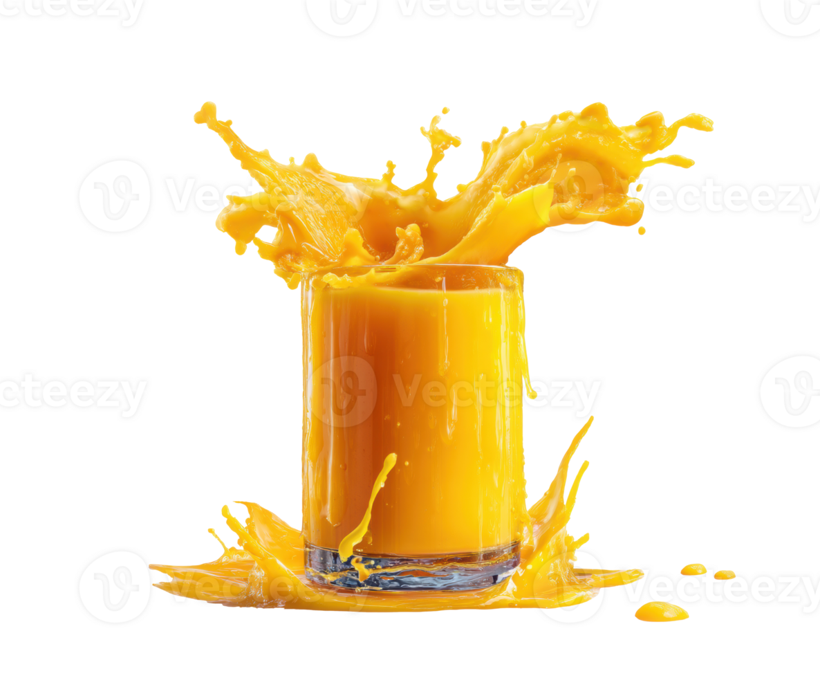 Fresh orange juice splash in a glass on a bright background png