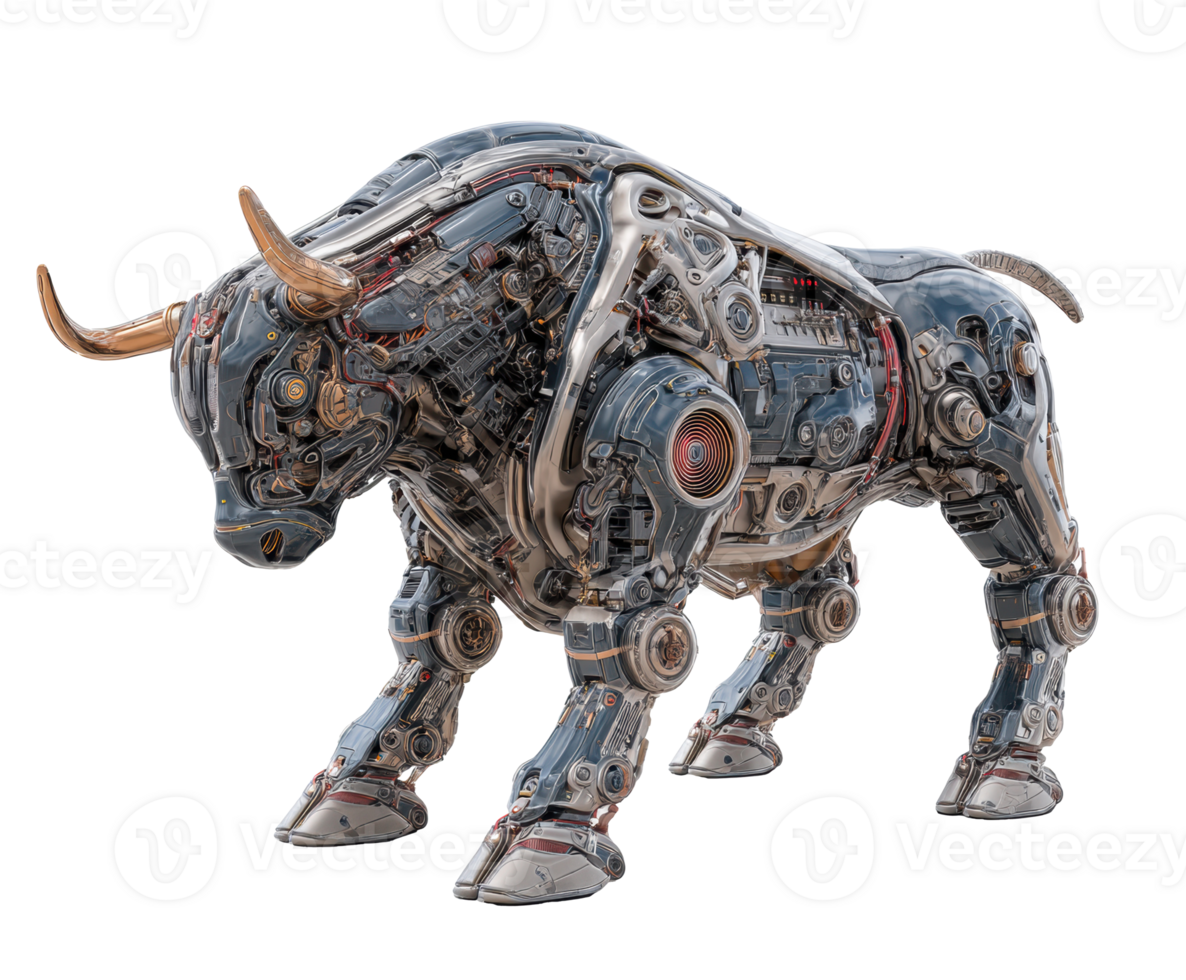 Futuristic metallic bull sculpture design for modern decor png