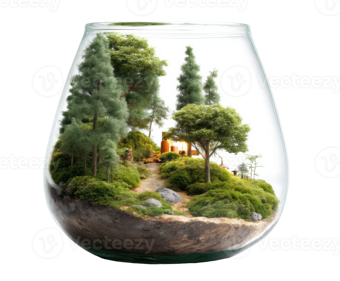Miniature forest landscape in glass container with trees and cabin png