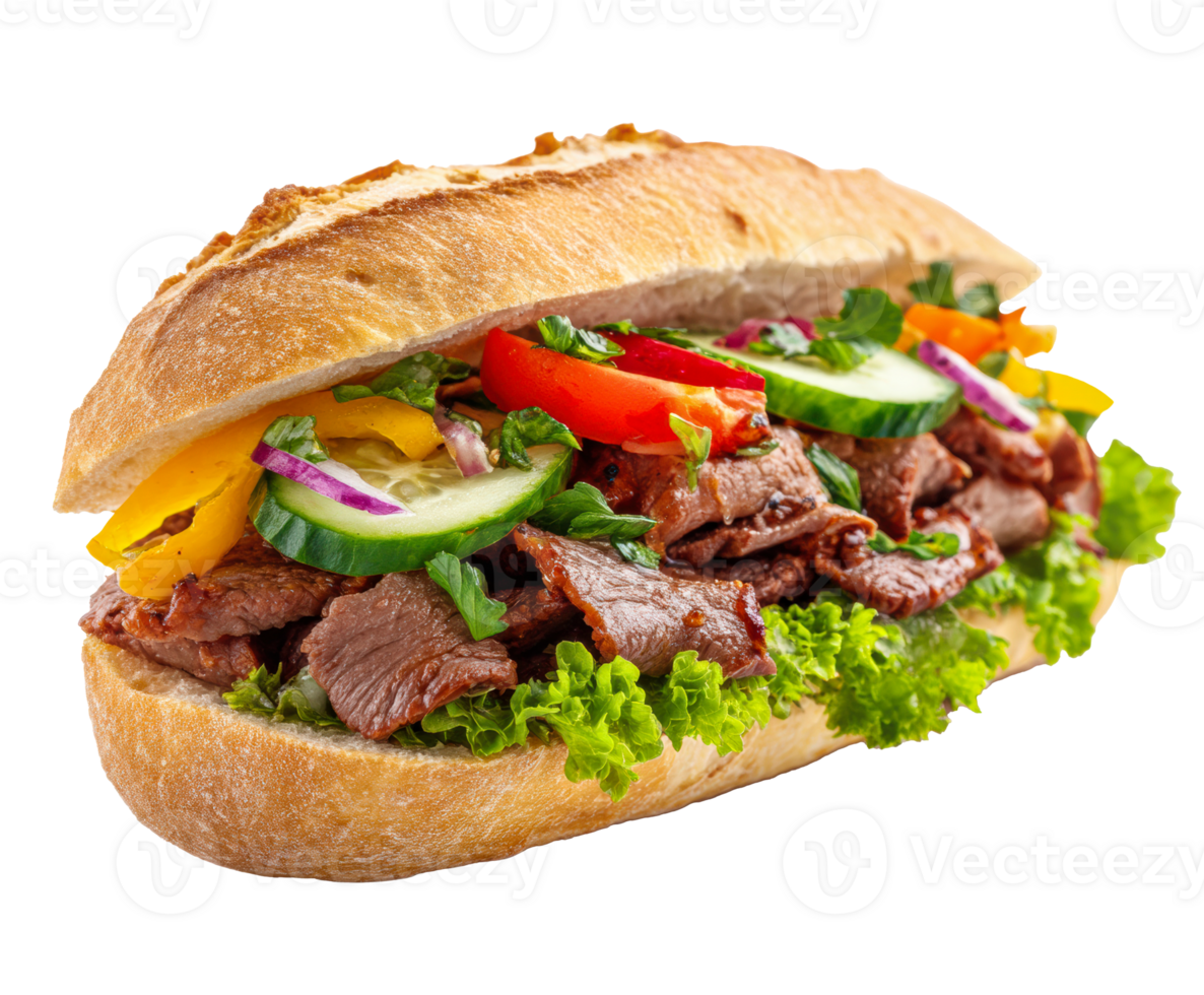 Delicious sandwich with grilled beef and fresh vegetables png