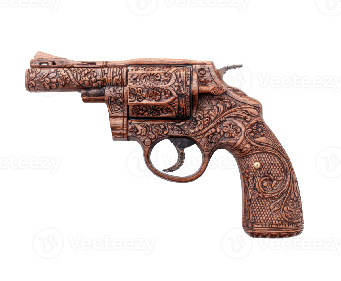 Ornately carved wooden revolver with intricate floral design png