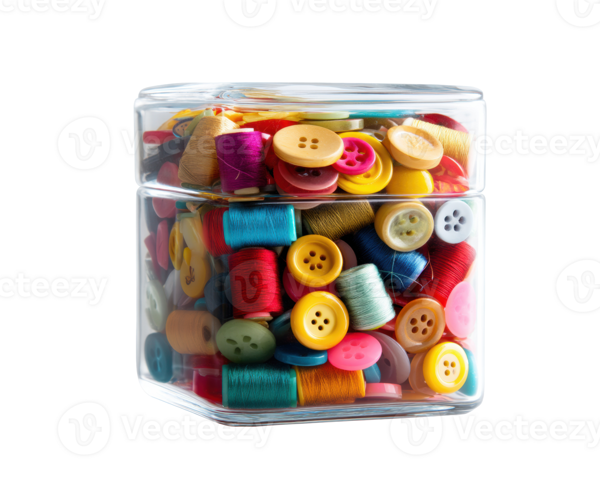 Colorful sewing threads and buttons in a clear glass container png
