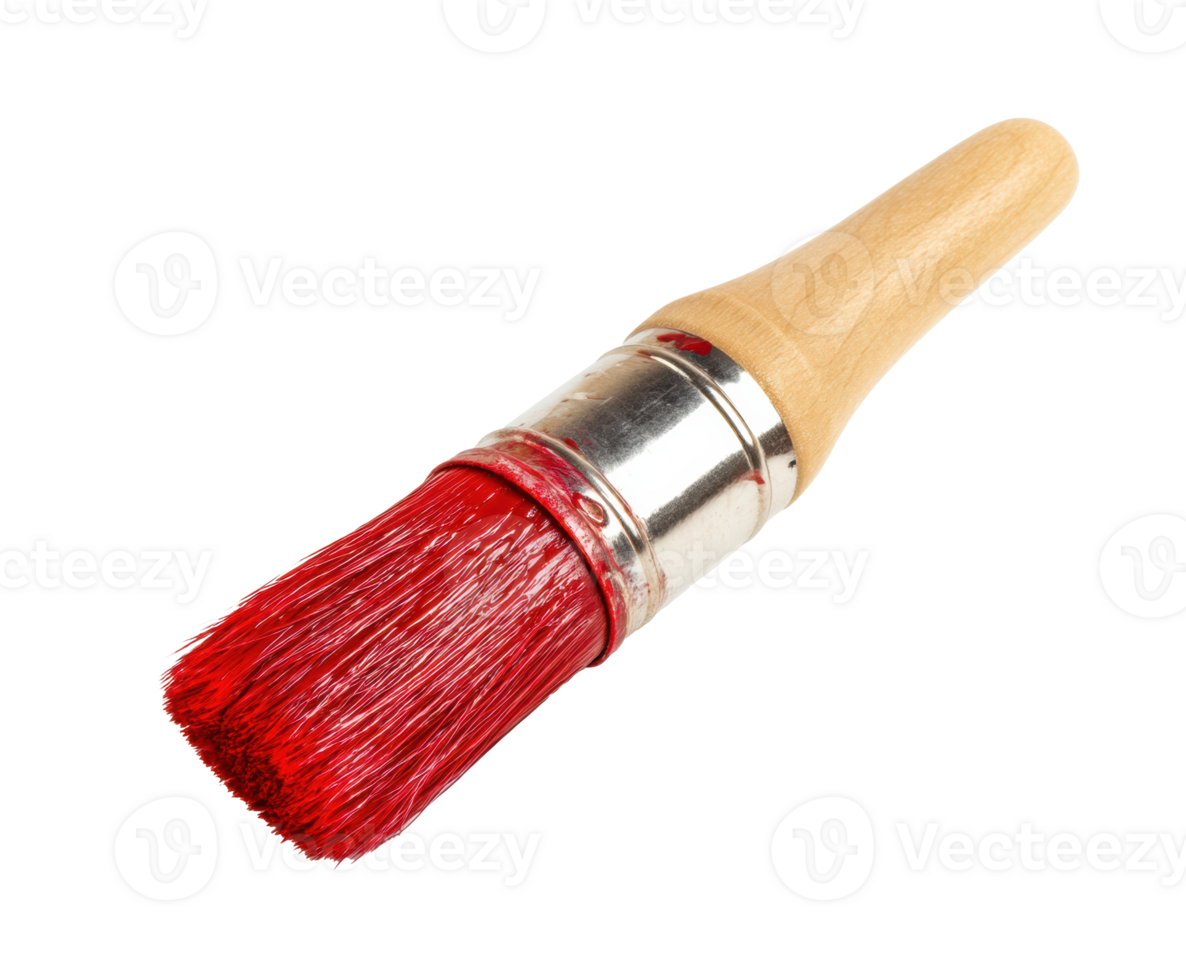 Brush for painting with red bristles and wooden handle png