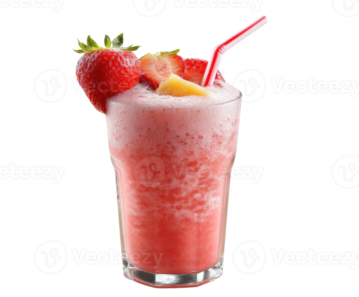 Refreshing strawberry smoothie with tropical fruits and straw png