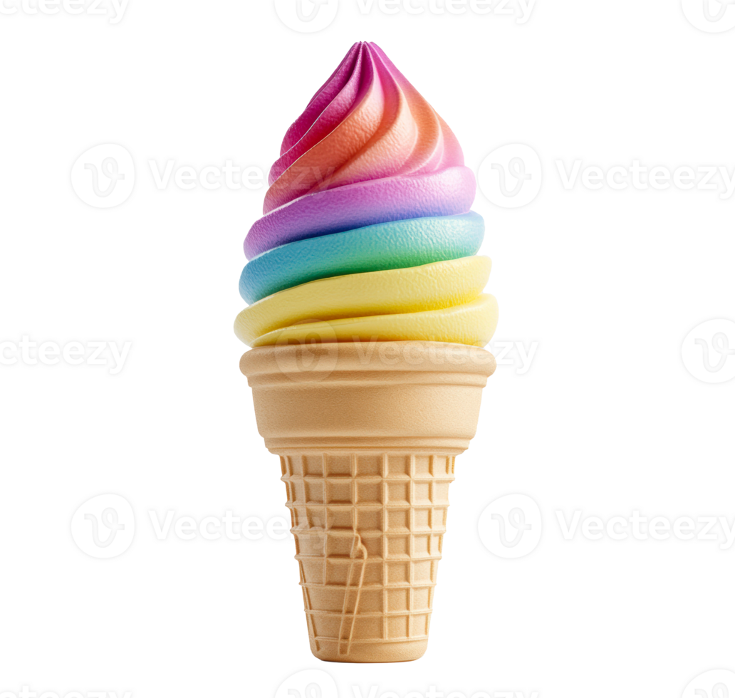 Colorful swirl ice cream cone with pastel hues and a crispy wafer png
