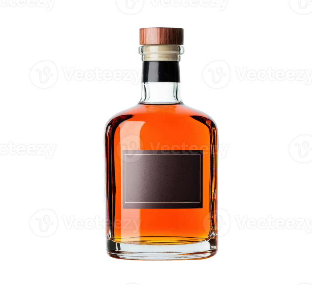 Elegant bottle of amber liquor with wooden stopper for gifting png