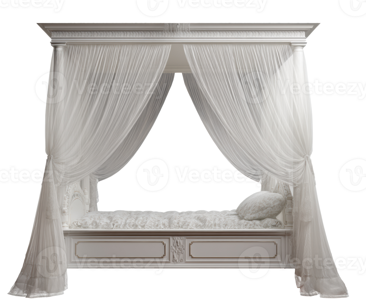 Elegant white canopy bed with soft curtains for serenity png