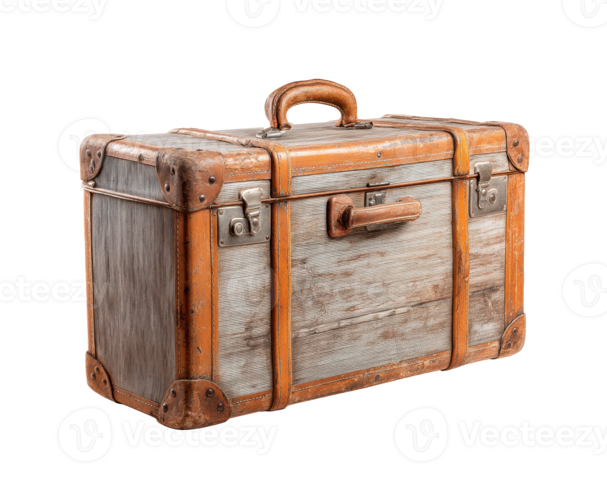 Vintage travel suitcase with leather accents for adventurous journeys png