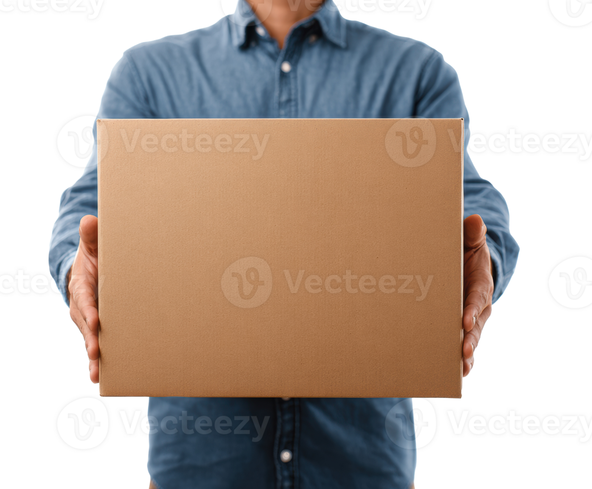 Person holding brown package in front of them with delivery focus png
