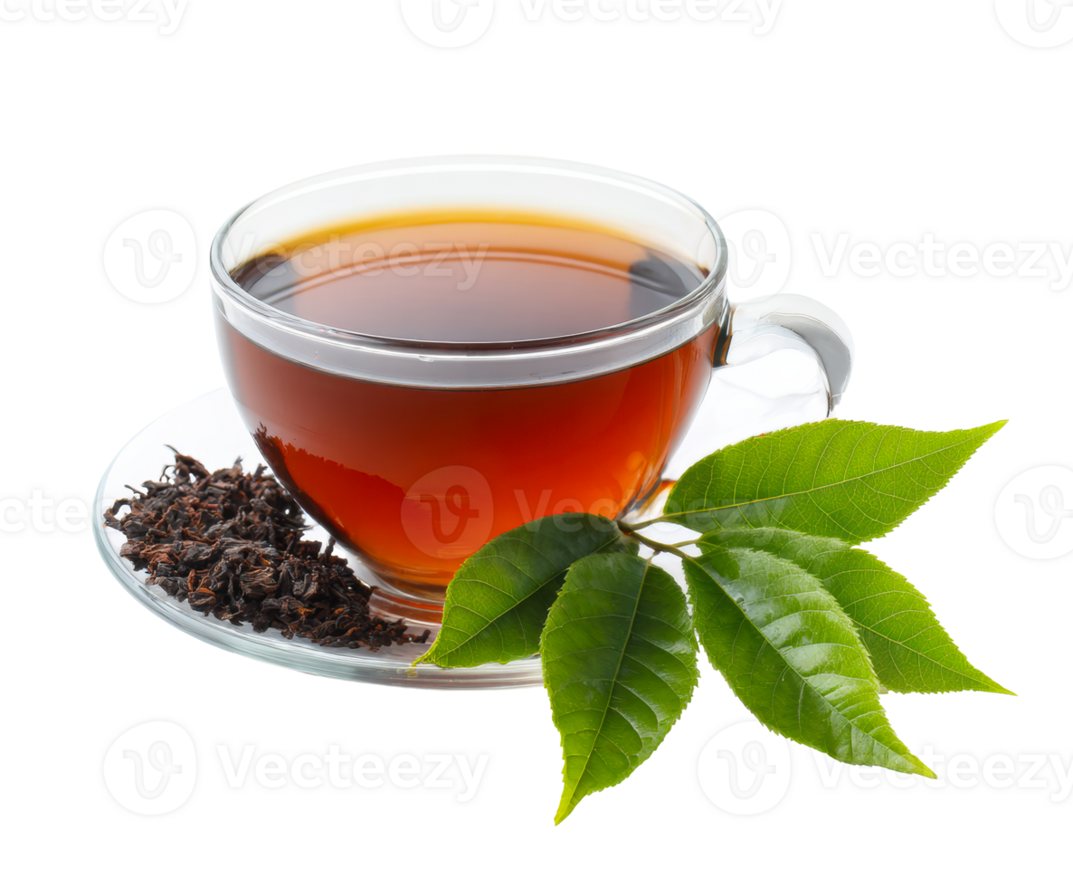 Freshly brewed tea in a glass cup with tea leaves and herbs png