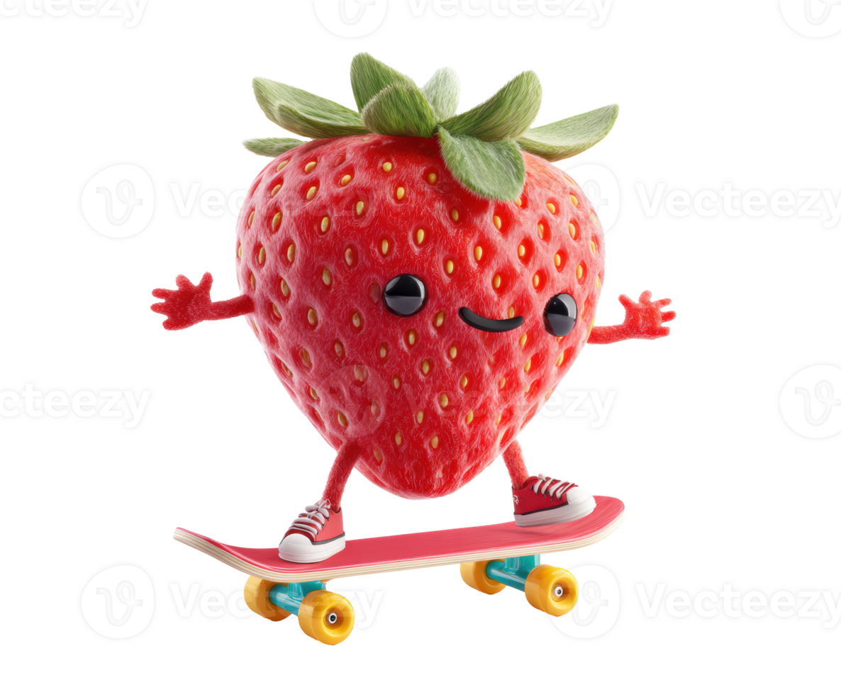 Fun strawberry character skateboarding in a playful scene png