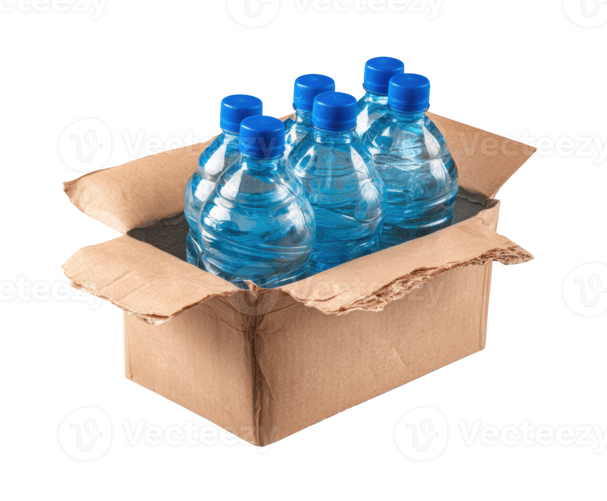 Box of six bottled water ready for delivery to customers png