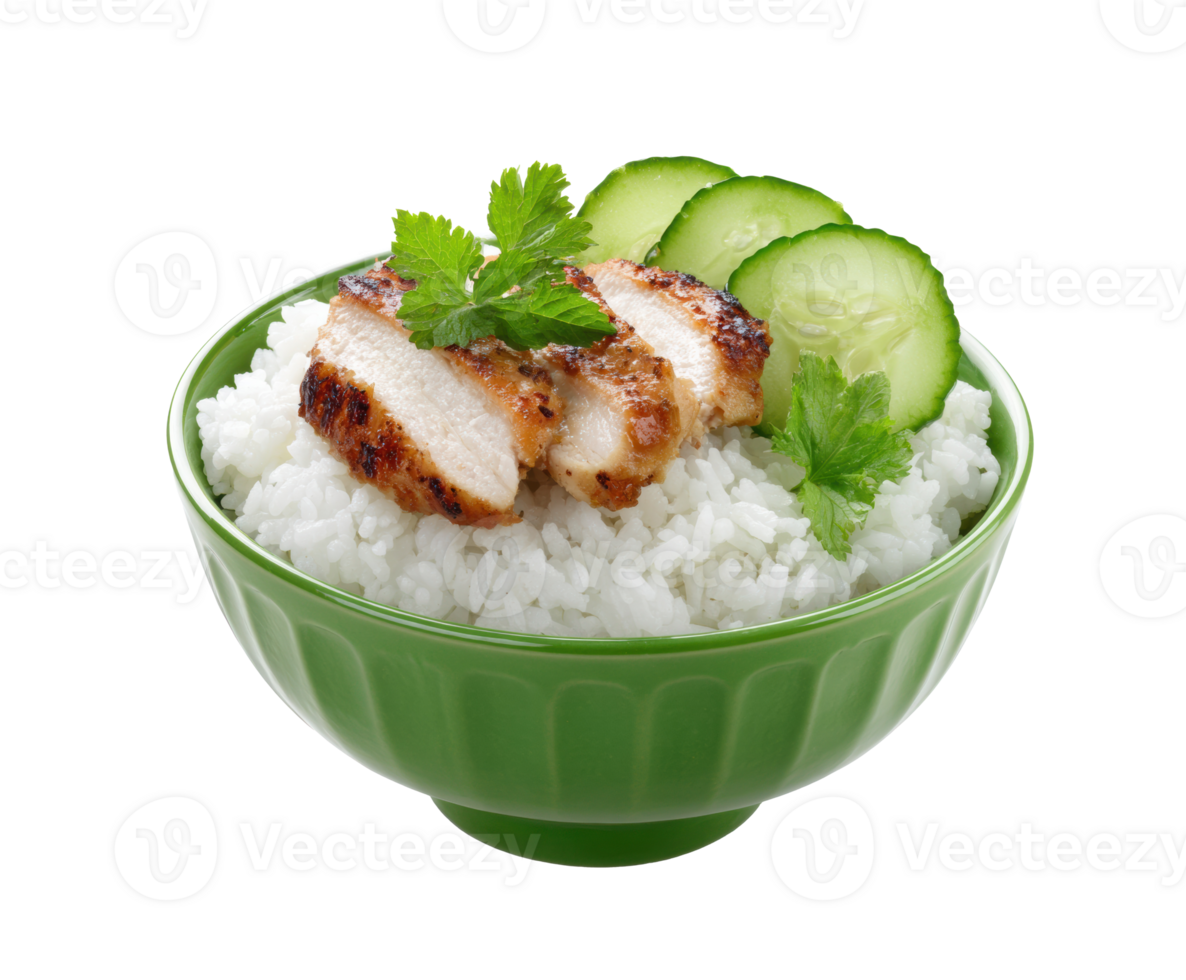 Delicious grilled chicken over fluffy rice with fresh cucumber slices png
