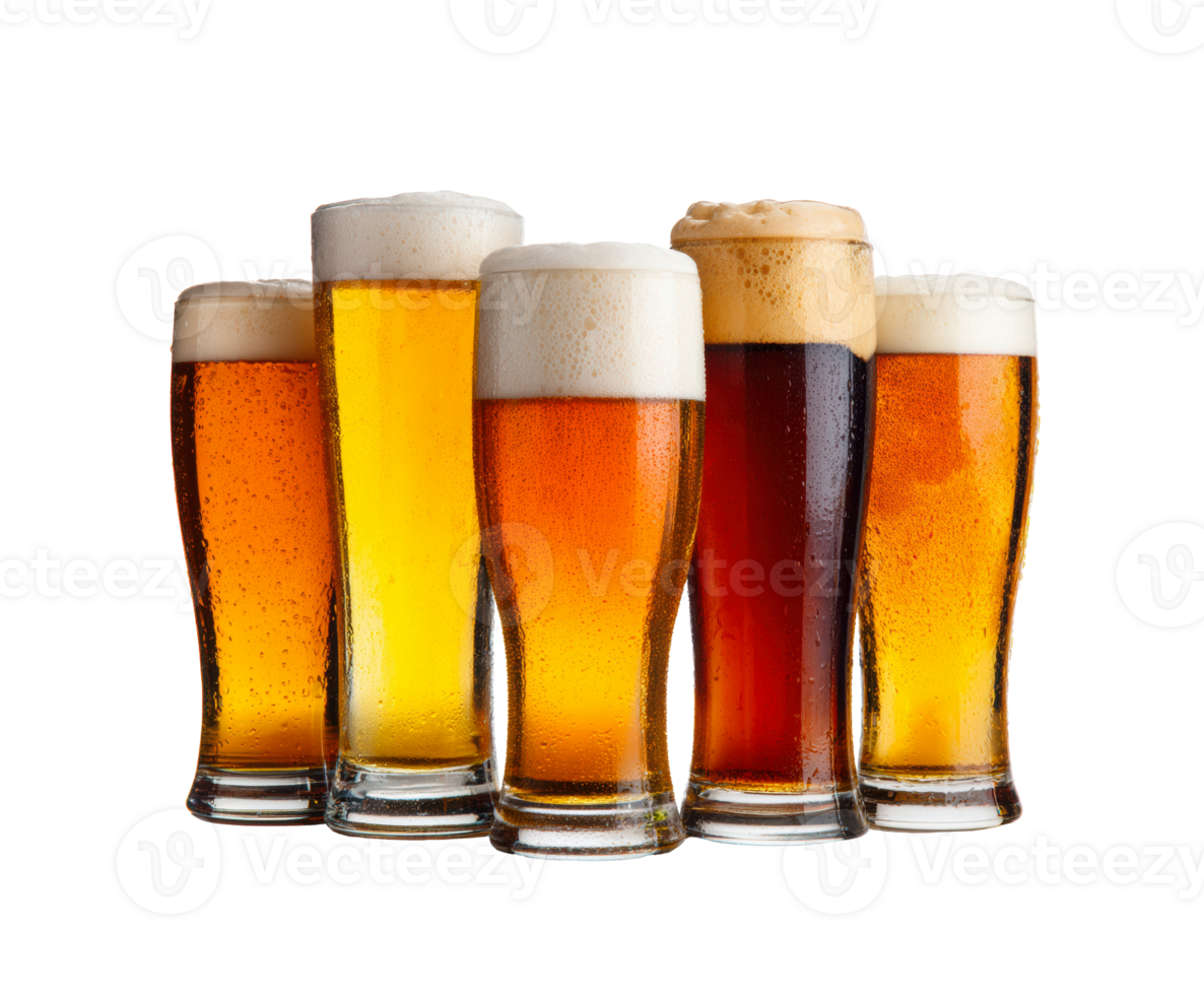 Diverse craft beers in glasses displaying vibrant colors png