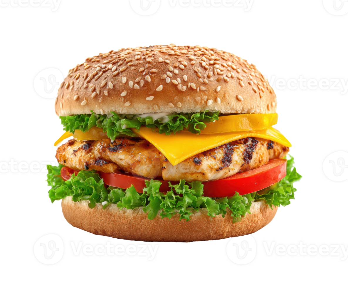 Grilled chicken burger with cheese and fresh vegetables for lunch png