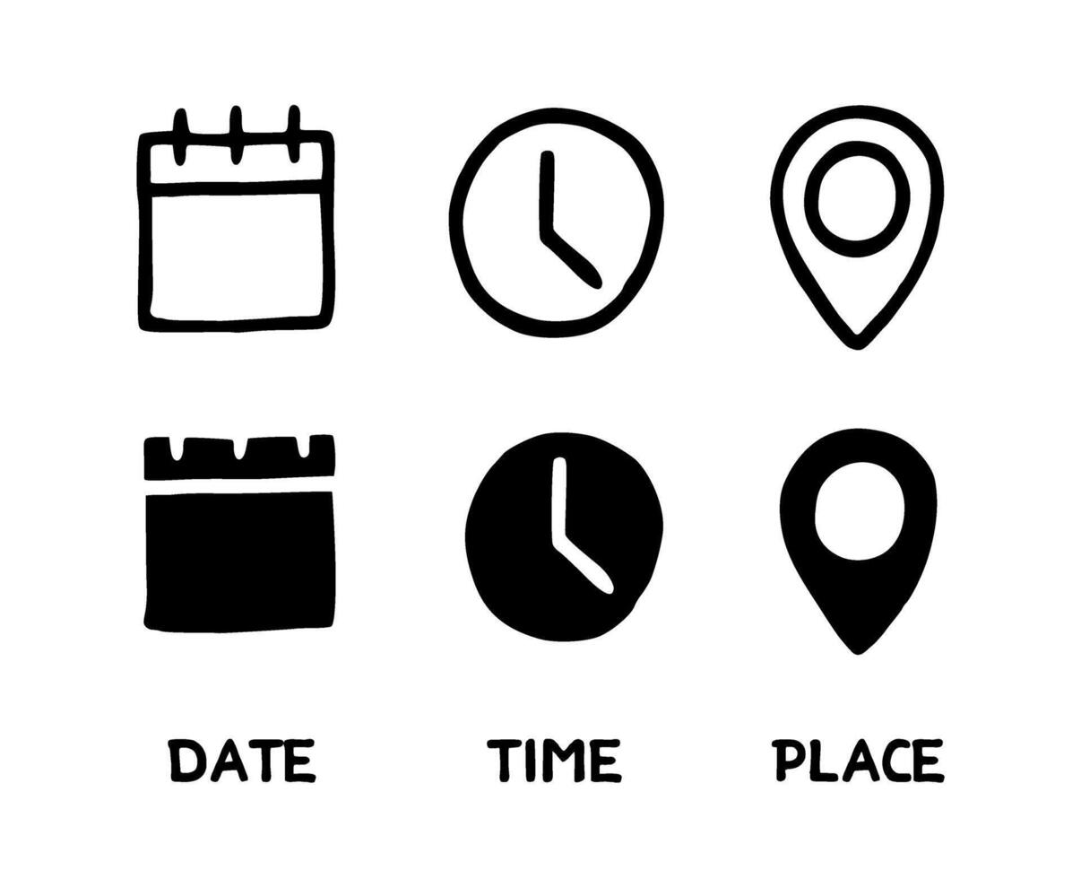 Date Time Location Icon set, Place Calender Clock Marker Set, Invitation Event Planning vector