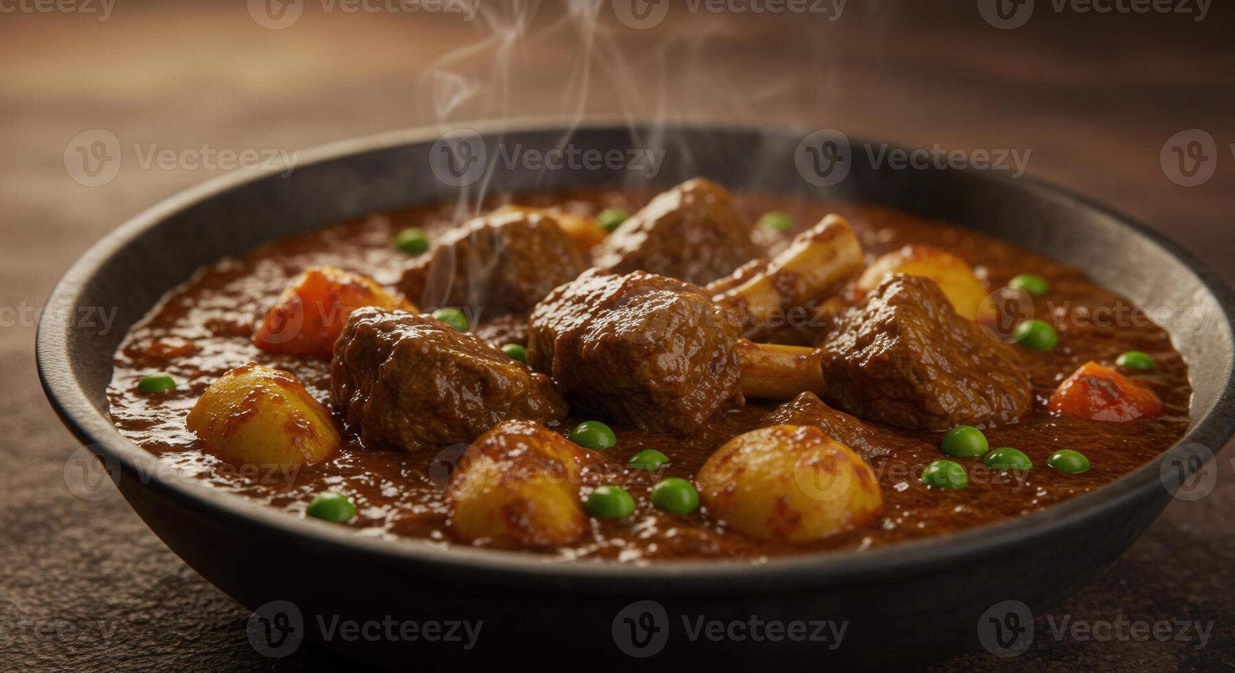 Steaming bowl of flavorful lamb curry with potatoes and peas. photo