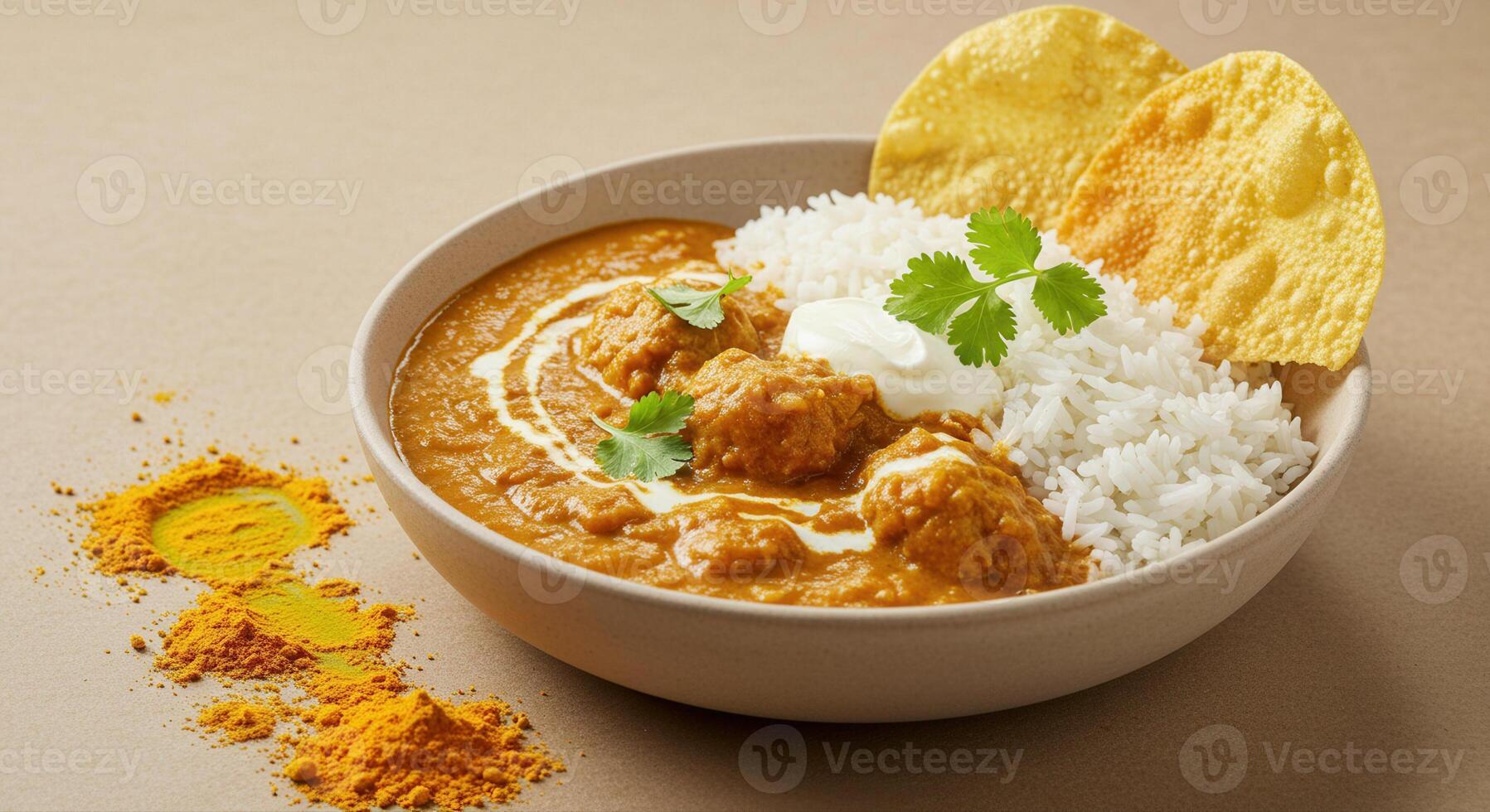A beautifully presented bowl of authentic butter chicken with rice. photo