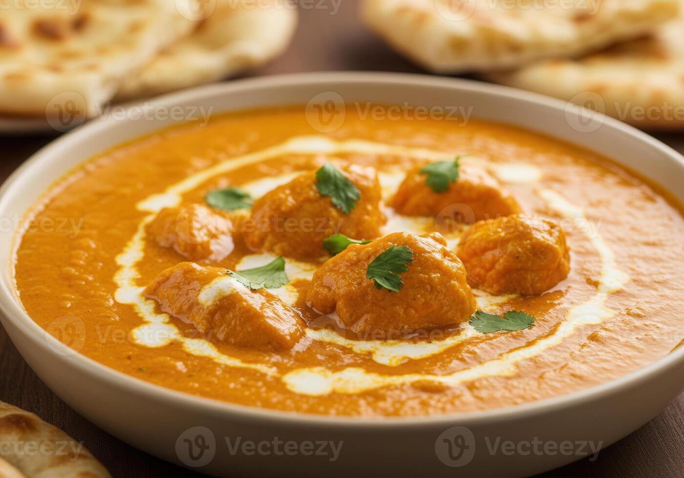 Delectable butter chicken dish with naan bread photo