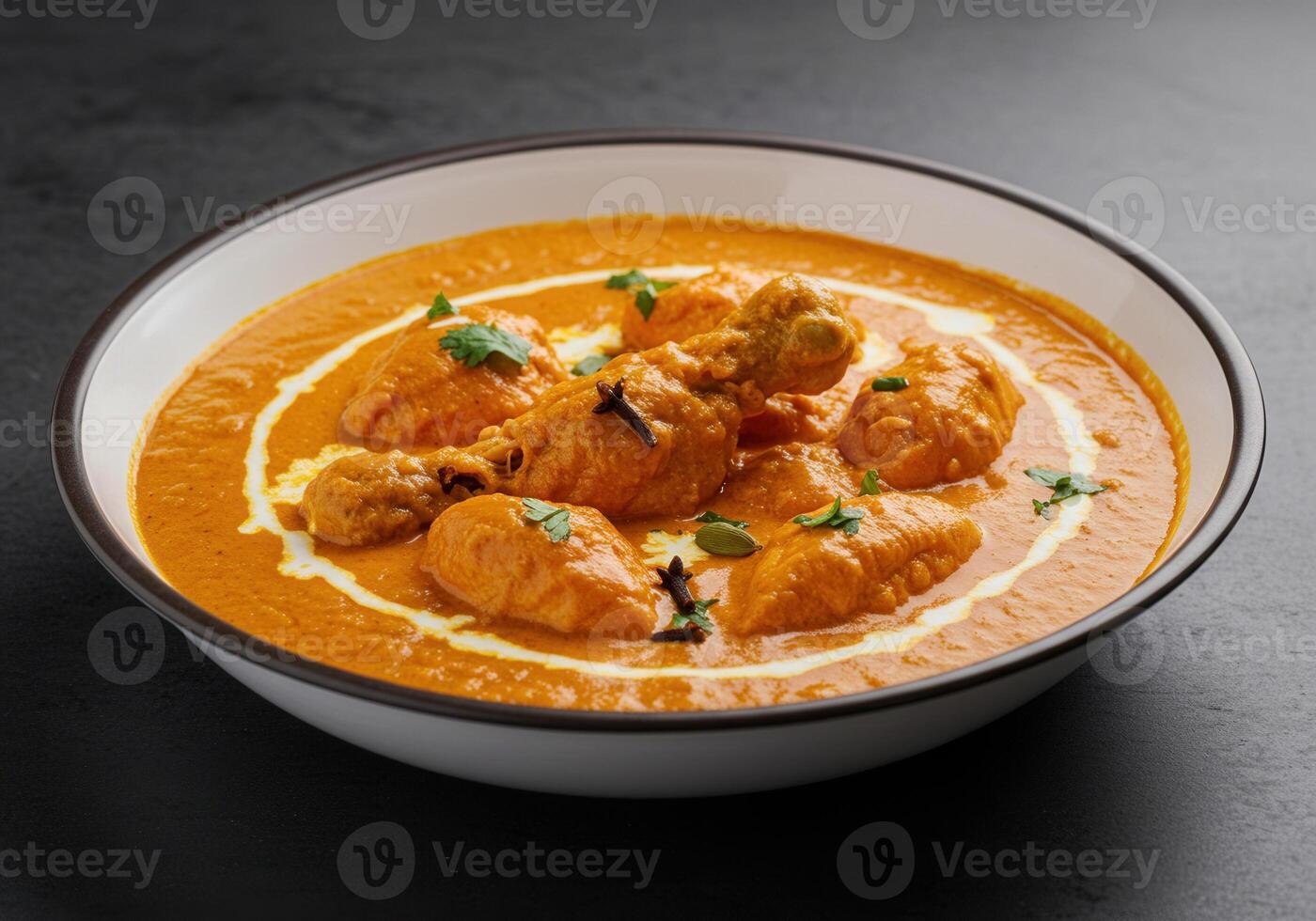 A flavorful butter chicken curry in a white bowl ready to be served photo