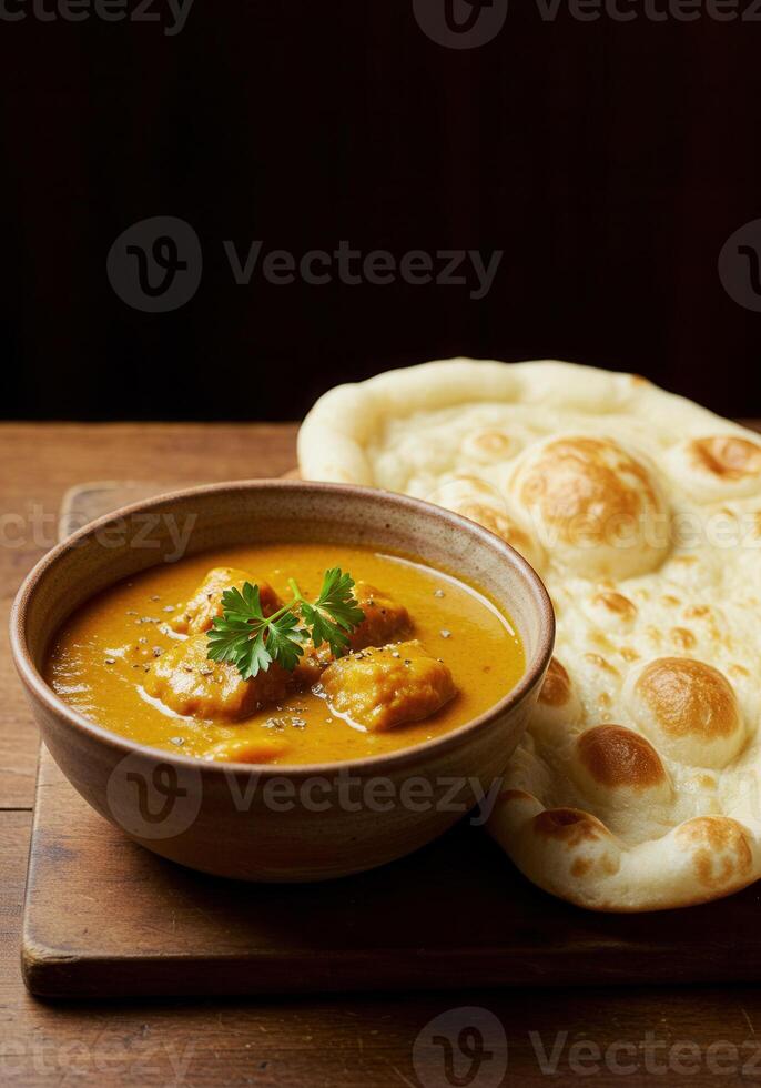 Delicious butter chicken curry with naan bread on a wooden table photo
