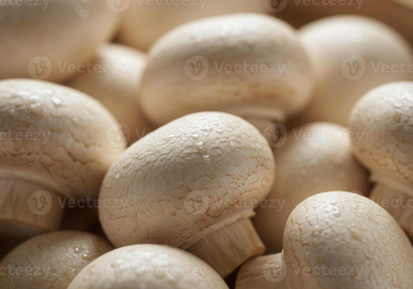 Close-up of fresh and wet white mushrooms in a pile photo