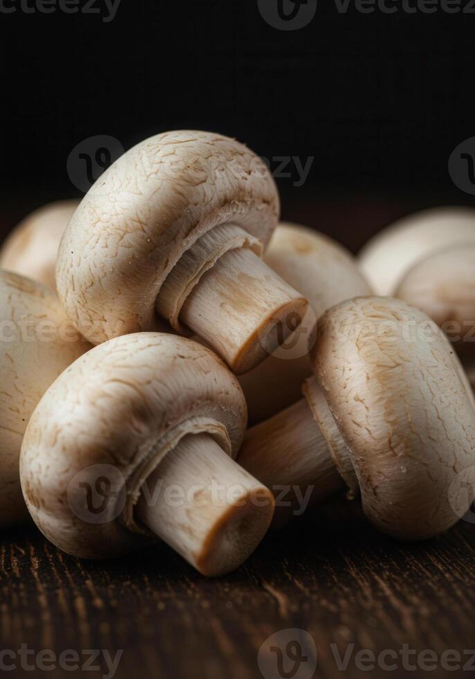 Fresh button mushrooms close up on a wooden surface photo