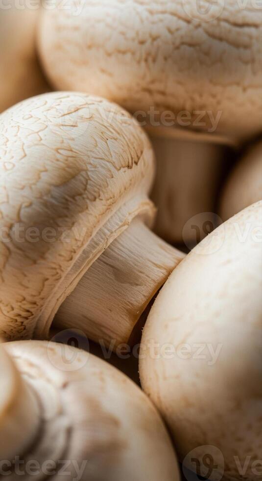 Close up of fresh button mushrooms, showcasing detail and texture. photo