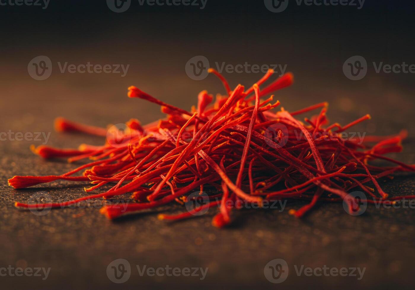 A pile of vibrant saffron threads against a dark background. photo