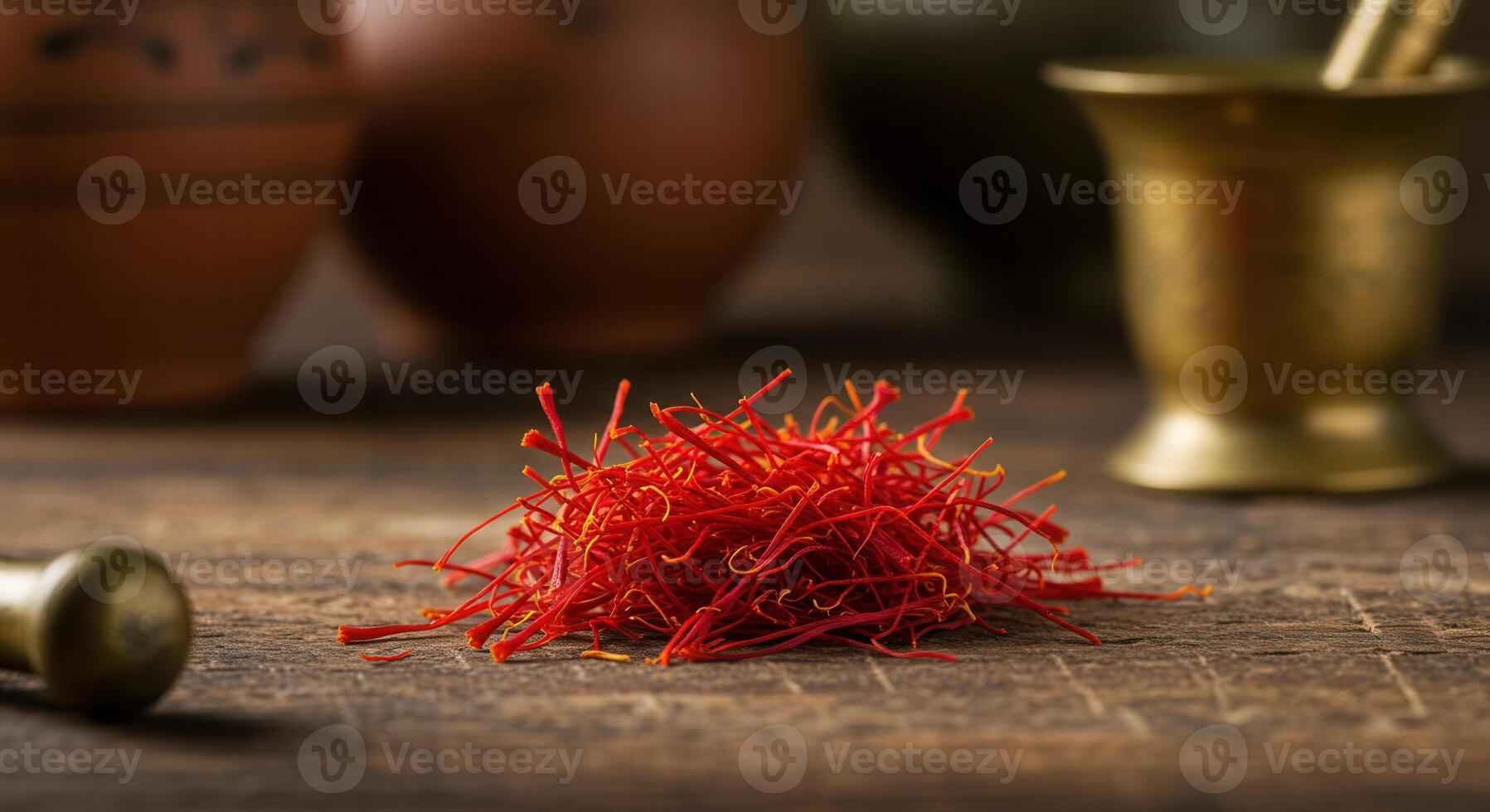 A pile of vibrant saffron threads on a wooden table. photo