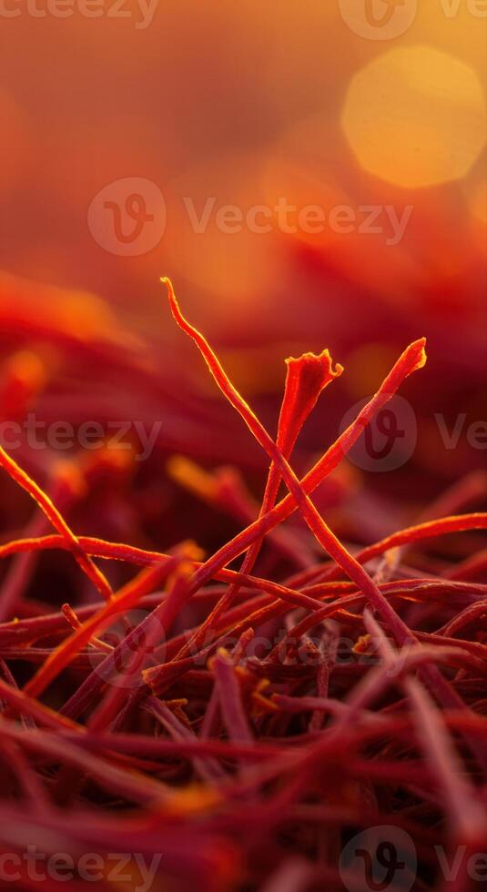 A close-up of beautiful red saffron threads in warm lighting. photo