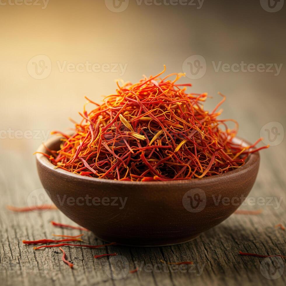 A bowl filled with vibrant saffron threads on a wooden surface. photo