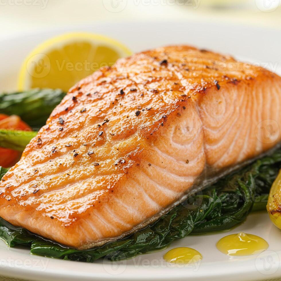 Close-up of a perfectly cooked salmon fillet on a plate. photo