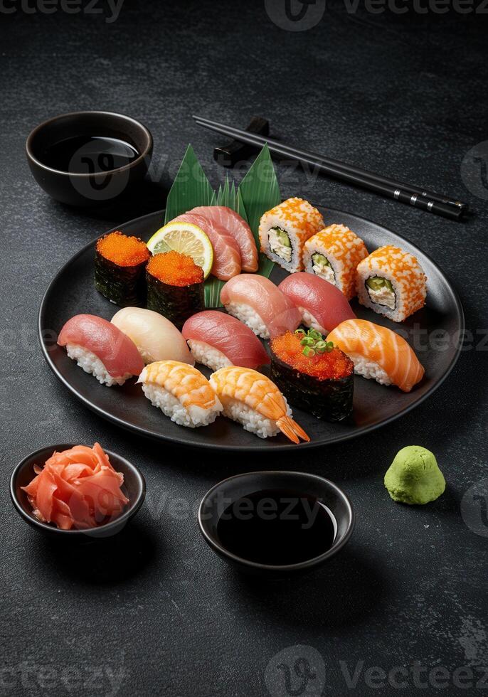 A colorful assortment of fresh sushi arranged on a dark plate photo