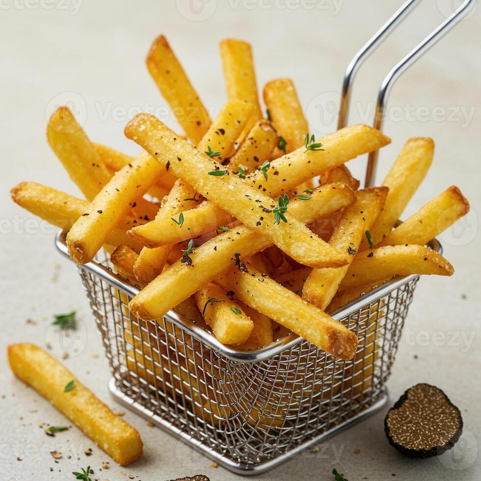 Crispy golden french fries in a metal basket photo