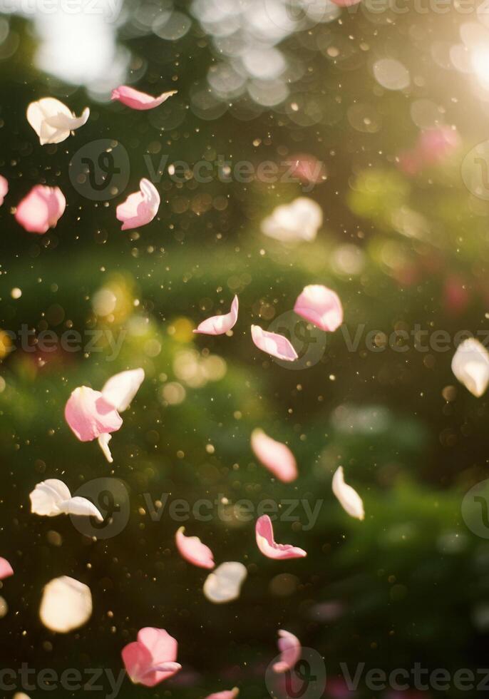 Falling rose petals in the sunlight, creating a soft, dreamy scene. photo