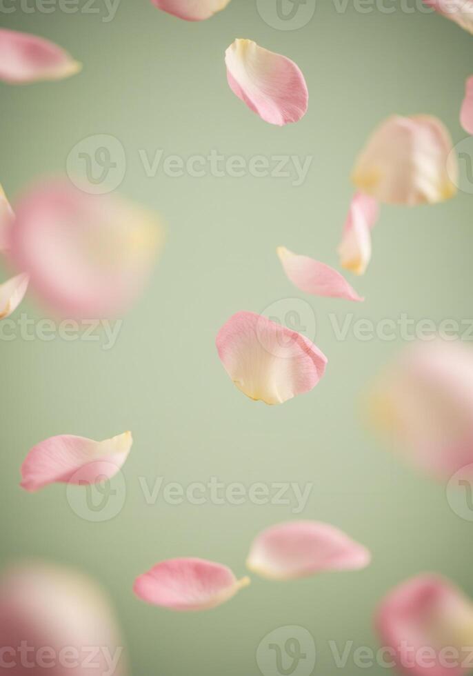 Delicate pink rose petals floating in the air photo