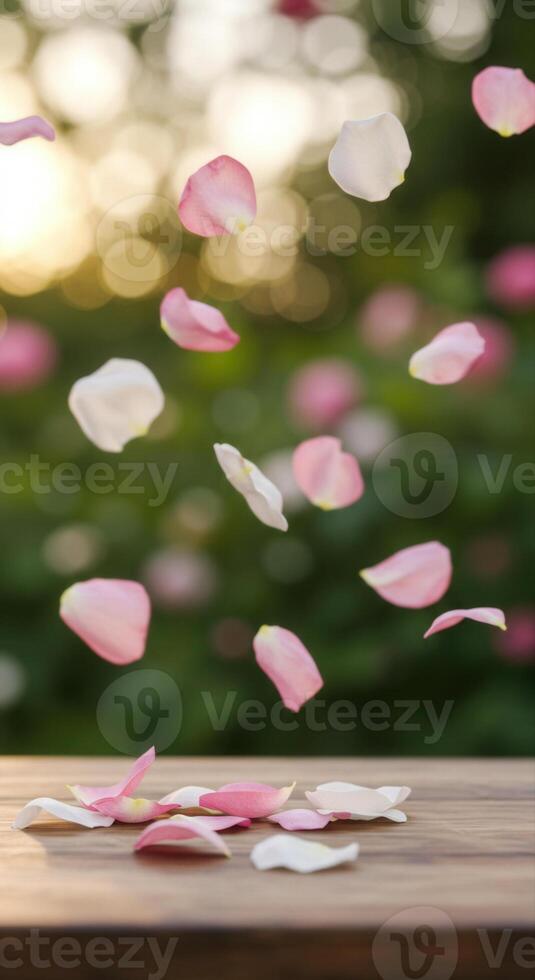 Floating pink and white rose petals with a wooden table photo